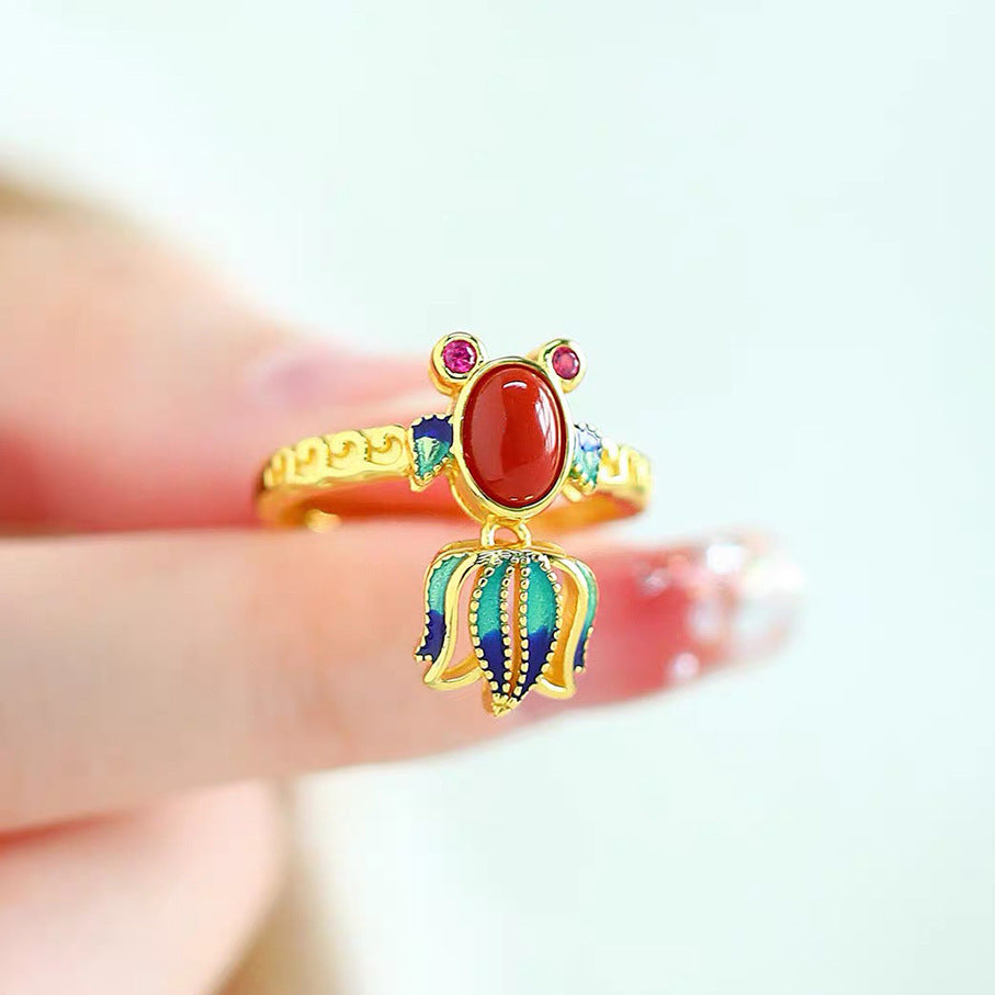 Chinese red koi ring national style temperament literary folk style adjustable ring