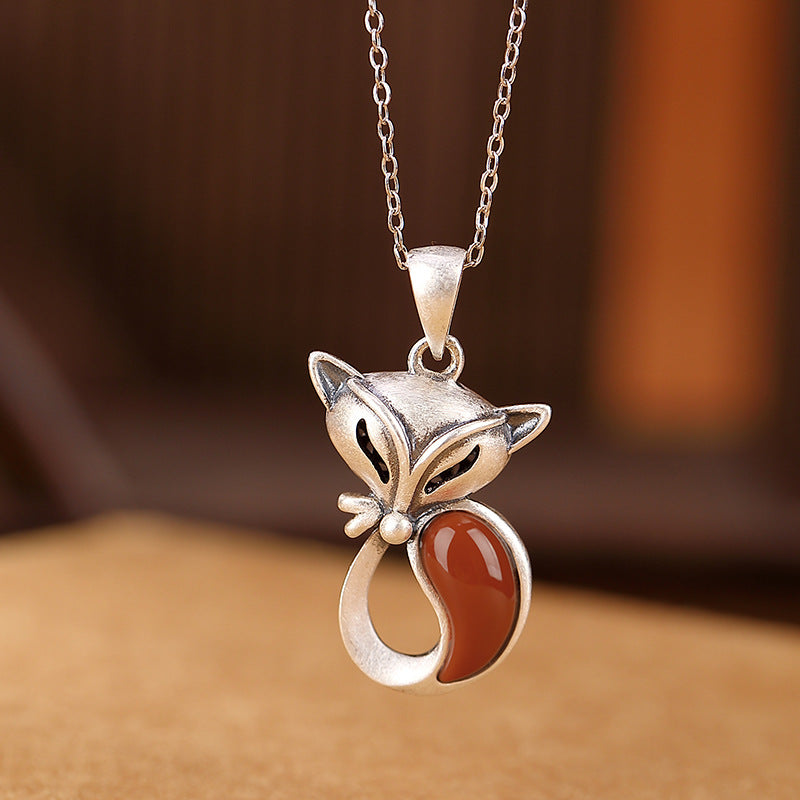 S925 sterling silver Nanhong retro distressed fox coin pendant  Temperamental ancient style spirit fox silver pendant