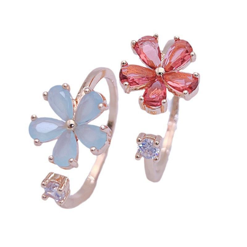 Water-Drop Shaped High-End Handcrafted Zircon Ring - Adjustable Open Heart Flower Design with Red Ruby and Blue Sapphire Accents