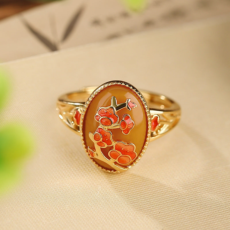 S925 sterling silver gold-plated beeswax enamel peach blossom hollow ring