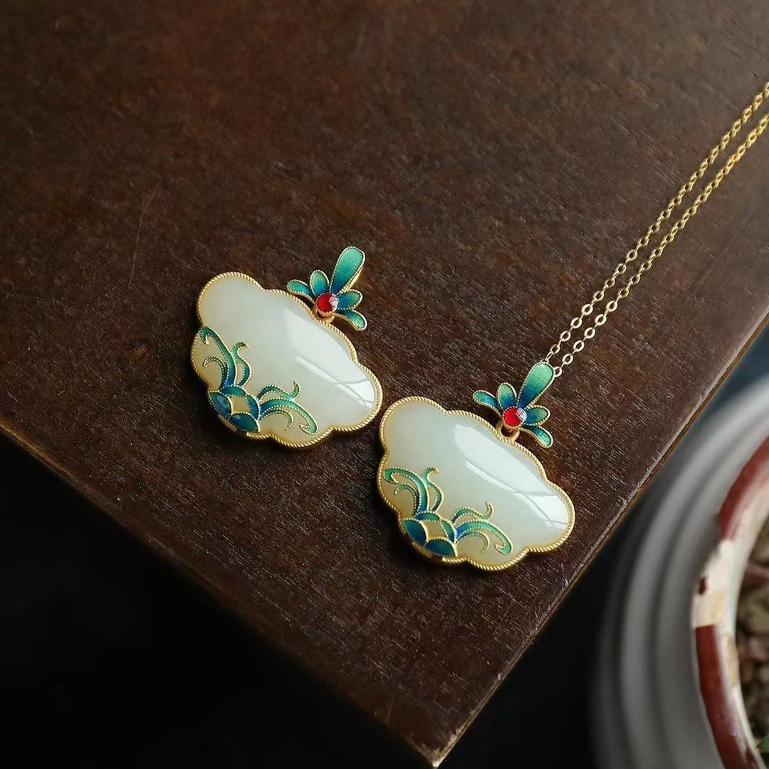 Chinese Style Cloisonné Enamel Magnolia Hetian Jade Pendant Necklace - Gold-Plated Ruyi Vintage Design