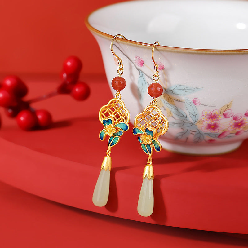 S925 sterling silver, gold-plated Hetian jade, cloisonne, vintage coin, four-leaf clover, plum blossom, long earrings