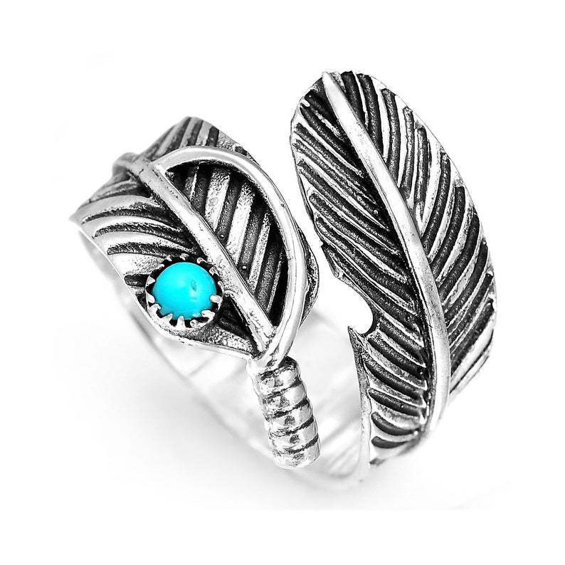 Turquoise Feather Ring - Fashion Vintage Thai Silver Adjustable Open Ring for Men and Women