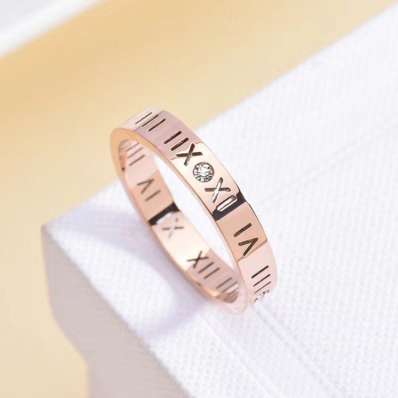 Titanium Steel Roman Numeral Ring with Diamonds - Non-Fading, Personalized Couple Ring for Men and Women