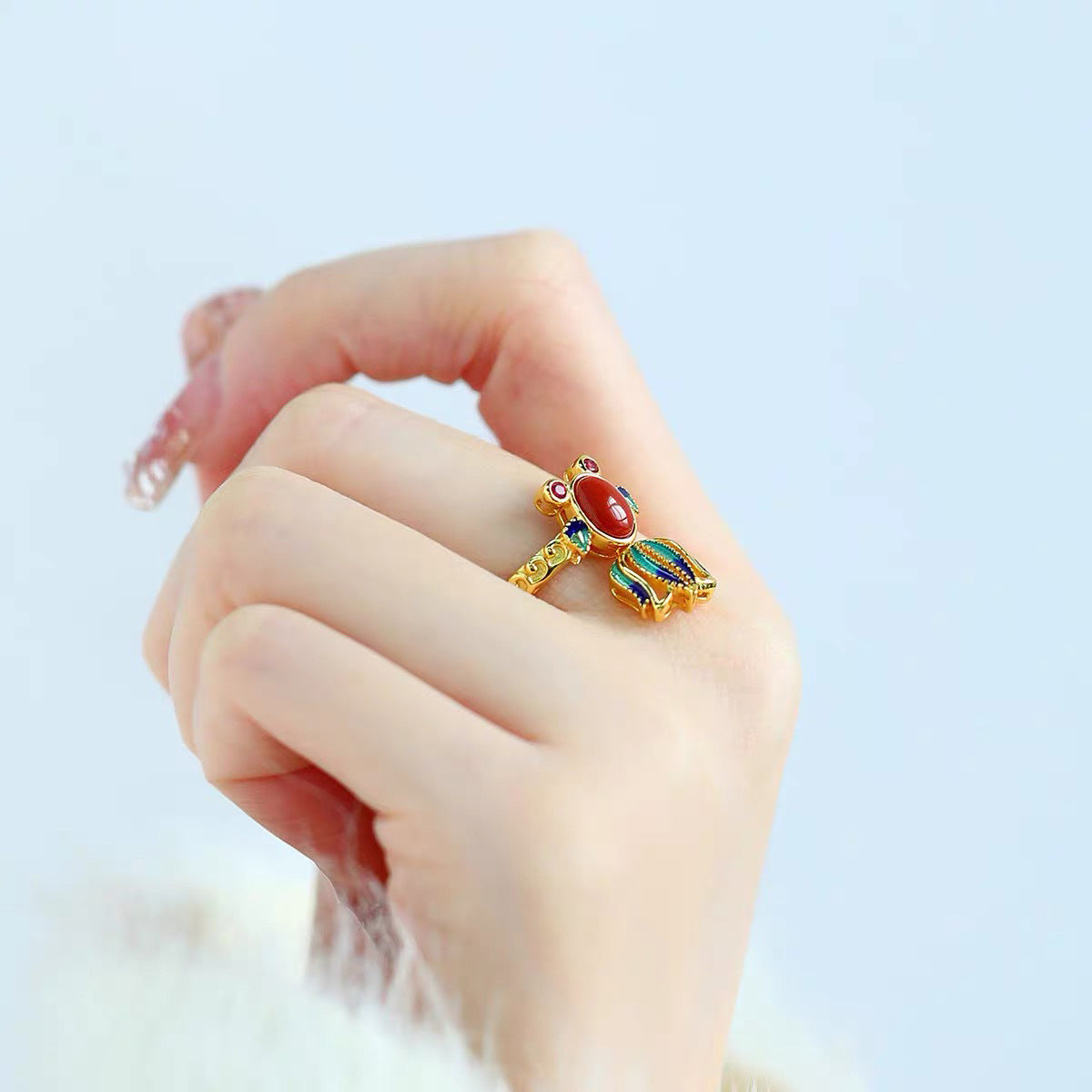 Chinese red koi ring national style temperament literary folk style adjustable ring