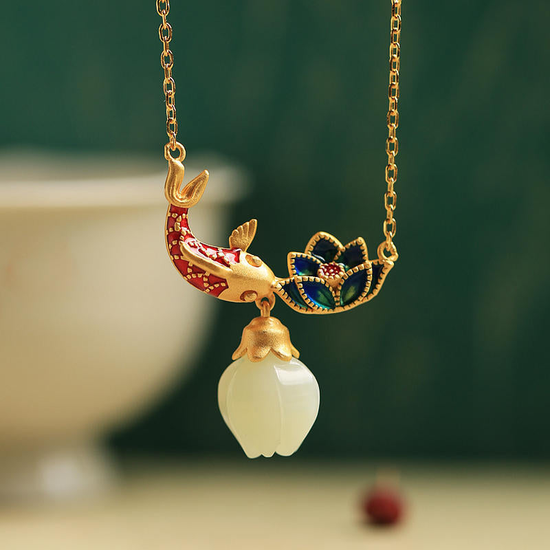 Hetian Jade Koi Fish Pendant Necklace for Women - Luxury Chinese Style Vintage Design