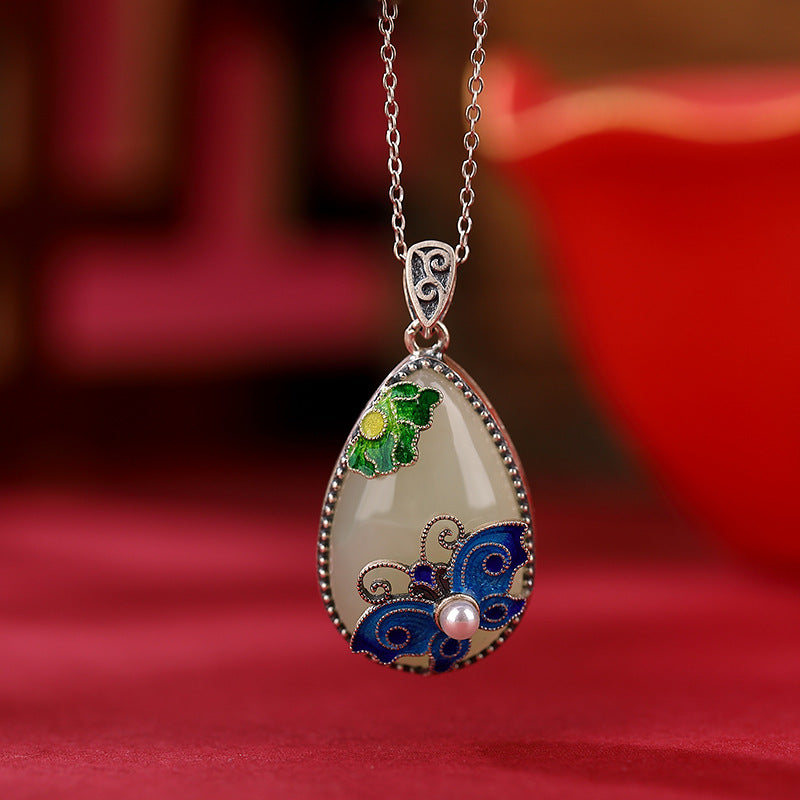 S925 sterling silver gold-plated cloisonne and Hetian jade butterfly pearl pendant