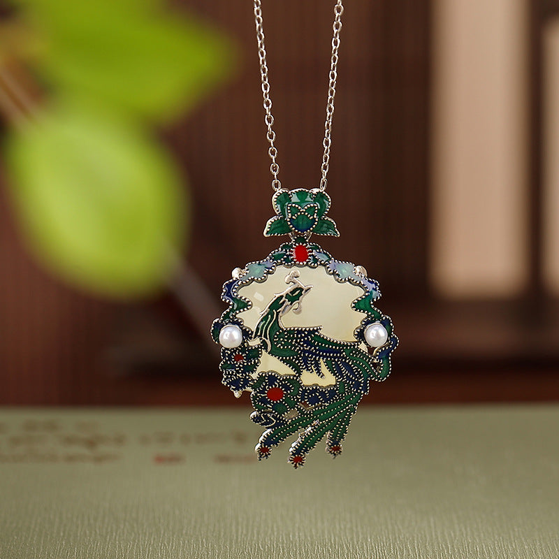 S925 sterling silver Hetian jade cloisonne phoenix pendant vintage elegant pearl necklace