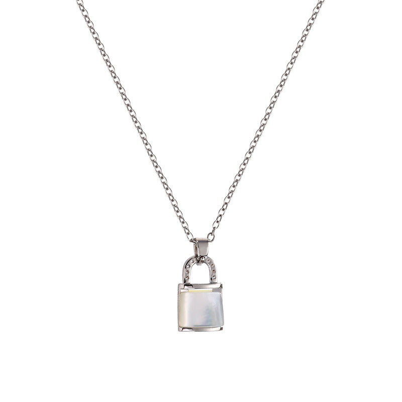 Luxury Mother-of-Pearl Padlock Necklace - Titanium Steel Choker for Women with High-End Design