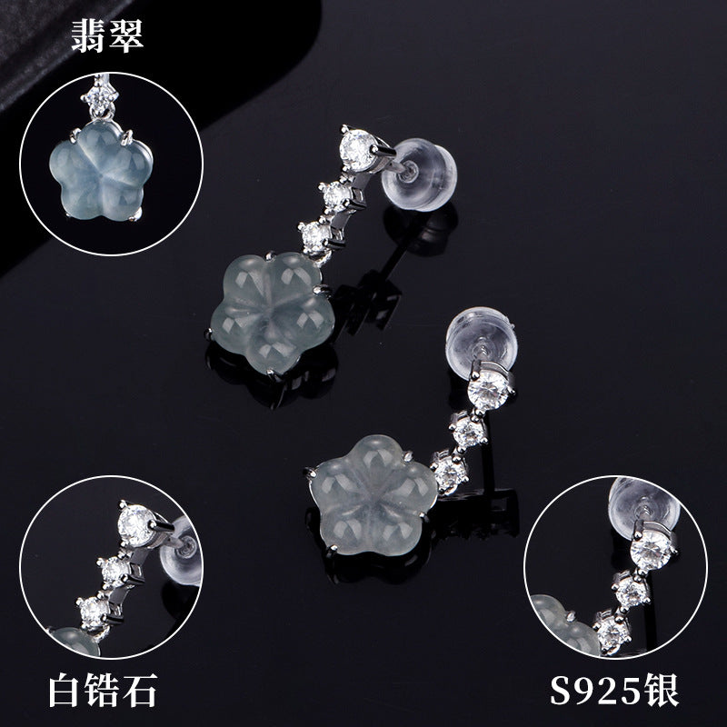 S925 Silver Natural Jade "Five-Petal Flower" Earrings