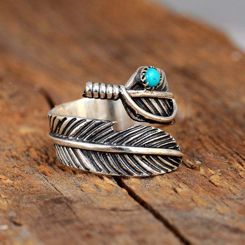 Turquoise Feather Ring - Fashion Vintage Thai Silver Adjustable Open Ring for Men and Women