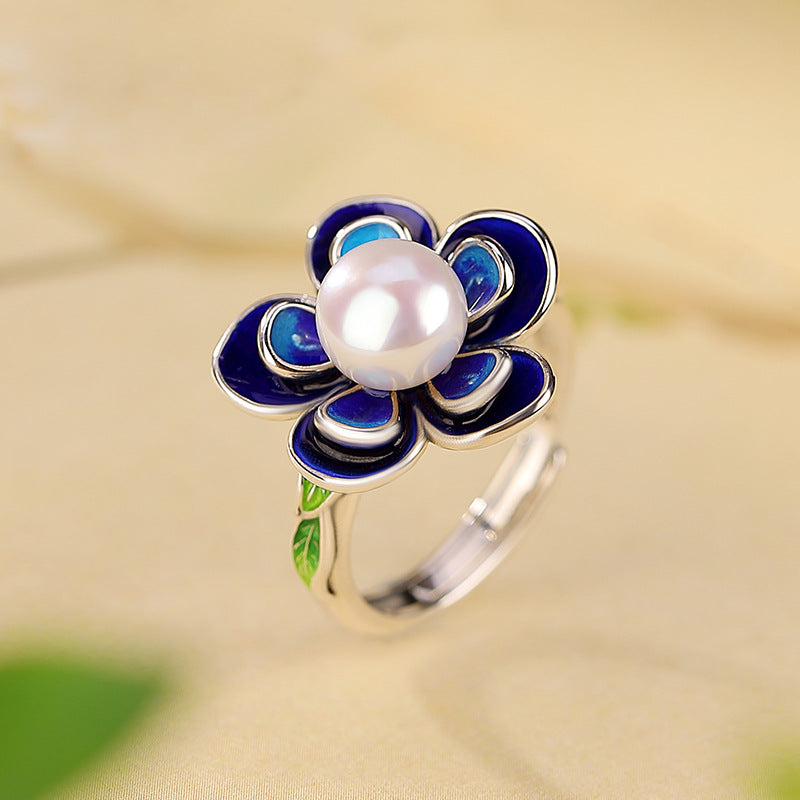 S925 sterling silver cloisonne pearl flower ring Chinese style cheongsam Hanfu accessories elegant literary ring