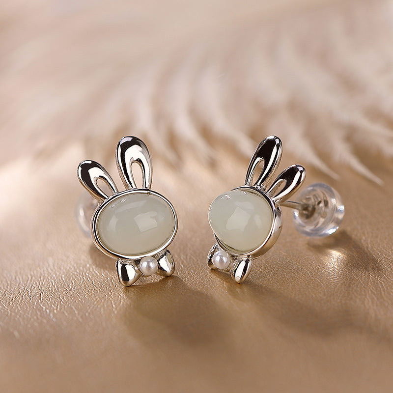 S925 sterling silver and Hetian jade South Red Rabbit open ring cute versatile simple female personality ring, earrings