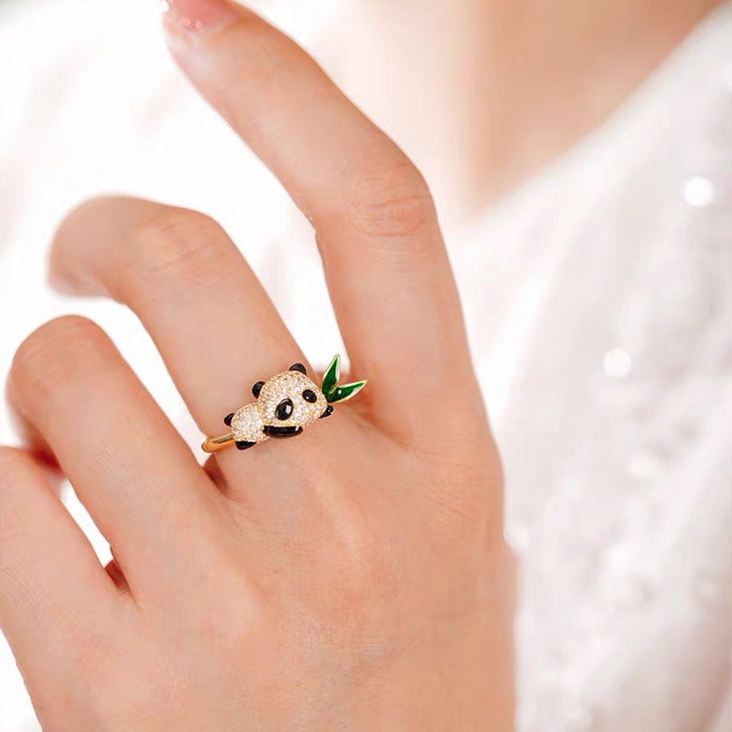 Chinese style cute panda bamboo leaf ring girls ancient Chinese style sweet adjustable ring