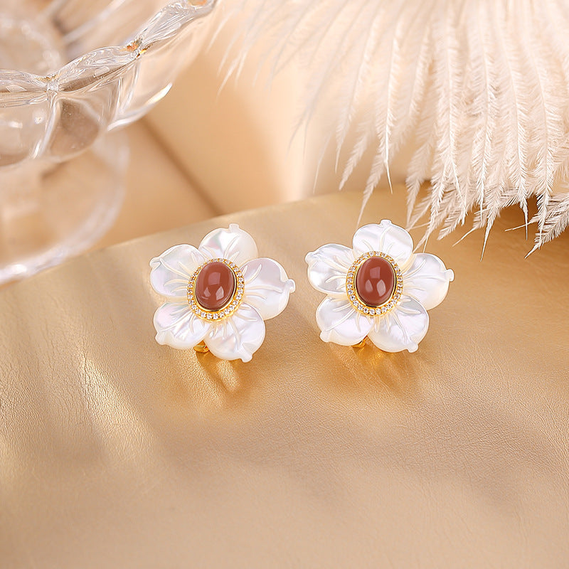 S925 sterling silver gold-plated Hetian Jasper South Red Shell Sunflower Earrings  Light Luxury Fashion Silver Earrings