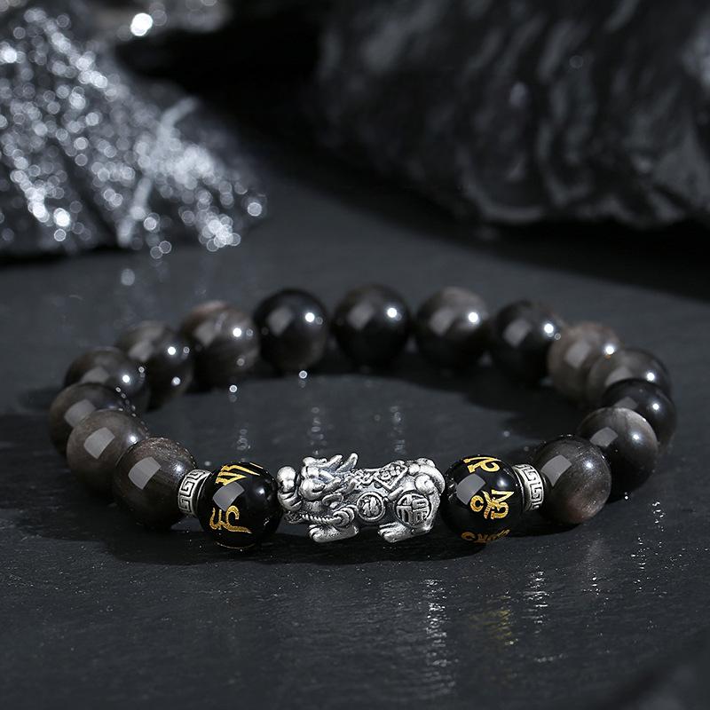 999 Pure Silver Natural Obsidian Bracelet Pixiu