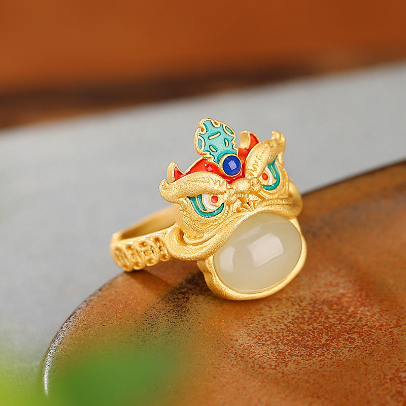 S925 sterling silver gold-plated Hetian jade enamel lion ring  Chinese style open ring  Creative gift