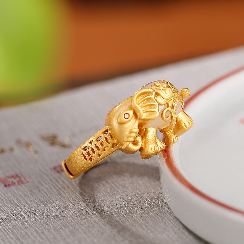 S925 sterling silver gold-plated Hetian jade hollow coin elephant lotus ring  Creative personality auspicious ring