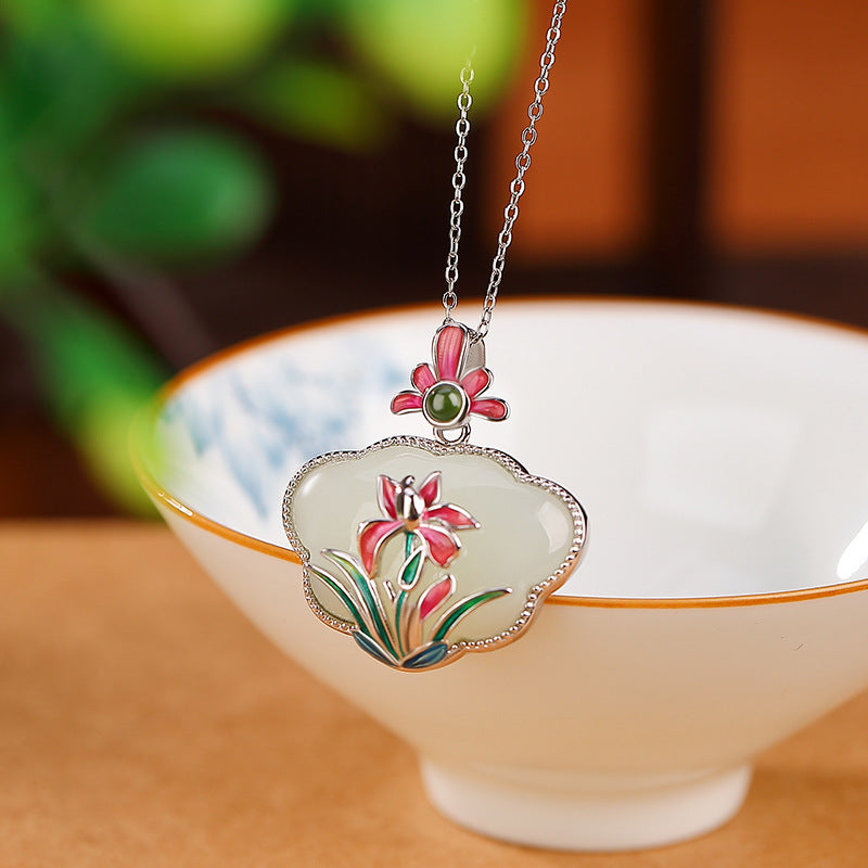 S925 sterling silver Hetian jade jasper national tide enamel orchid pendant auspicious ethnic style silver pendant