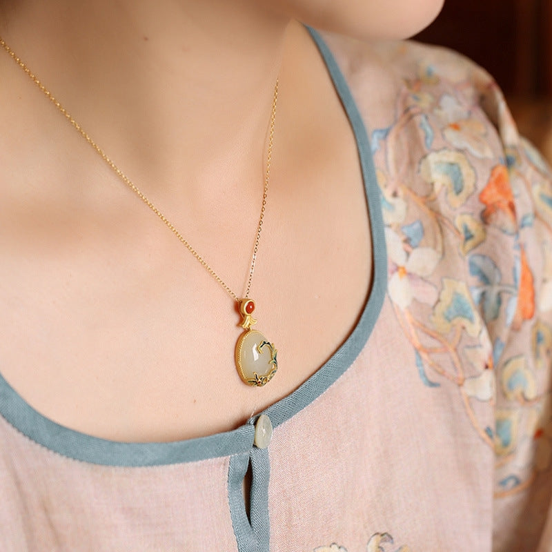 Embellished Gold Hetian Jade Crystal Pendant Necklace - Chinese Style Clavicle Necklace for Women