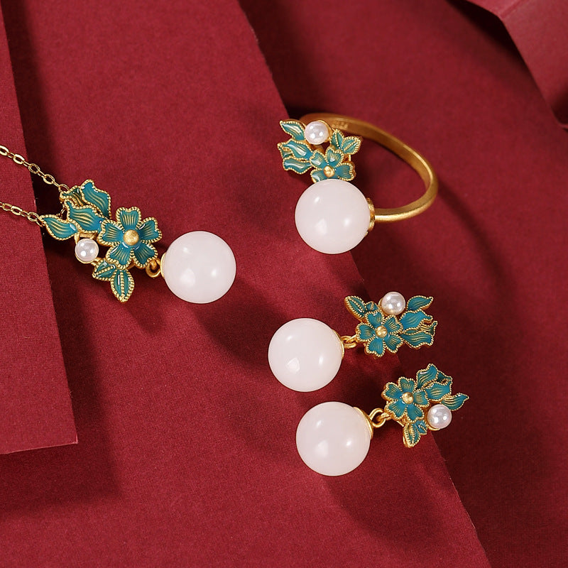 S925 Sterling Silver Gold-Plated Cloisonné Enamel, Hetian White Jade, and Pearl Jewelry Set - Earrings, Ring, and Pendant