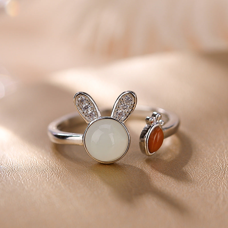 S925 sterling silver and Hetian jade South Red Rabbit open ring cute versatile simple female personality ring, earrings