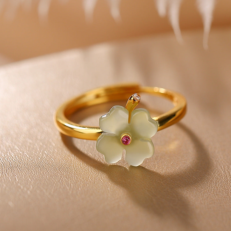 S925 sterling silver gold-plated Hetian jade lucky four-leaf clover ring  Fashionable and versatile open ring