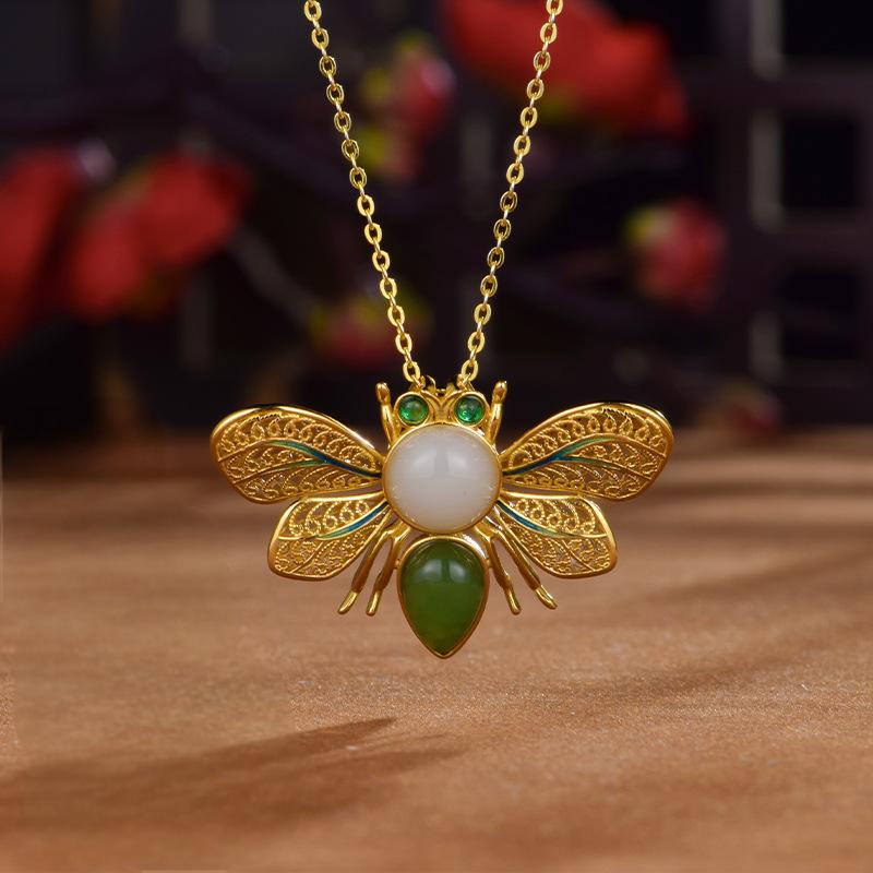 925 Silver  Natural Hetian Jade "Secret Garden" Bee Pendant