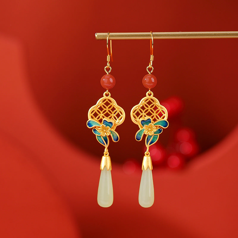 S925 sterling silver, gold-plated Hetian jade, cloisonne, vintage coin, four-leaf clover, plum blossom, long earrings