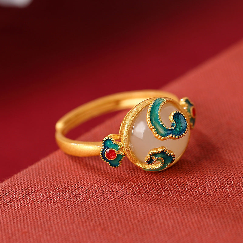 S925 sterling silver gold-plated cloisonne and Hetian jade auspicious cloud and ruyi ring Retro national style