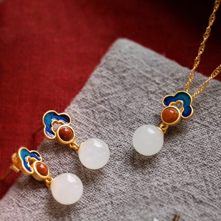 Chinese Vintage Cloud Enamel Hetian Jade Adjustable Ring Earring Necklace Set - Unique Ancient Style Jewelry