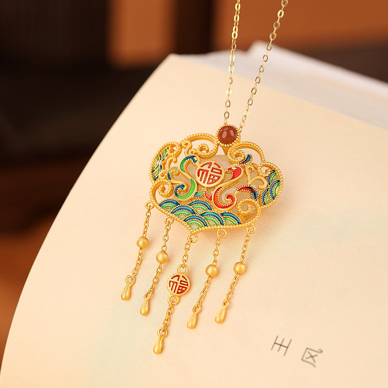 S925 sterling silver gold-plated Hetian jade national trend auspicious cloud Ruyi Fu word tassel pendant Retro pendant