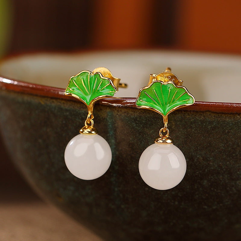 S925 sterling silver gold-plated white jade ginkgo leaf round bead earrings necklace  Pastoral fresh temperament female necklace