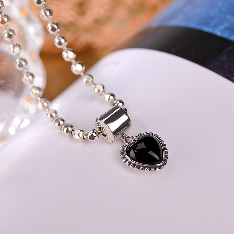 S925 sterling silver black agate heart pendant necklace  simple and elegant one-piece accessory, two-piece personality, sweet and cool necklace