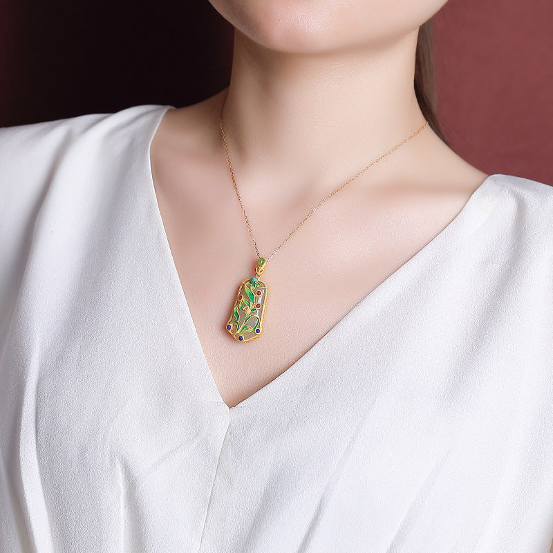 S925 sterling silver gold-plated Hetian jade national tide cloisonné pendant Ancient style enamel leaf pendant