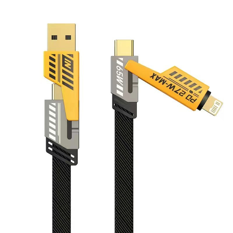 Yellow Mecha 4-in-1 Data Cable - Dual Fast Charging, 2-in-2 PD 27W Super Fast Charge, Multi-Function Switch, Available in 1m, 1.5m, and 2m Lengths