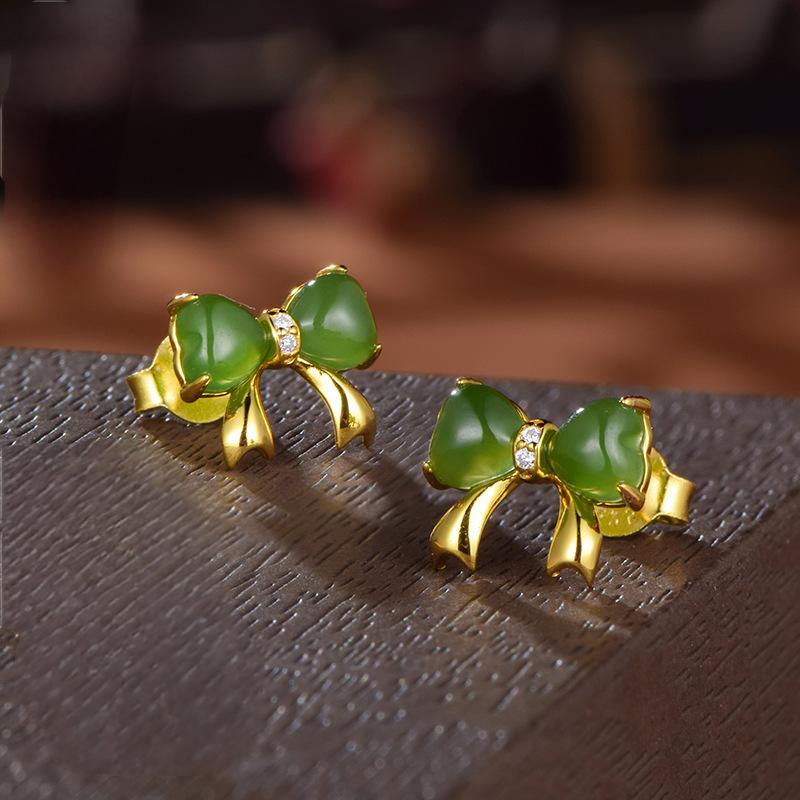 925 Gold-Plated Silver Inlaid Hetian Jade Bowknot Earrings