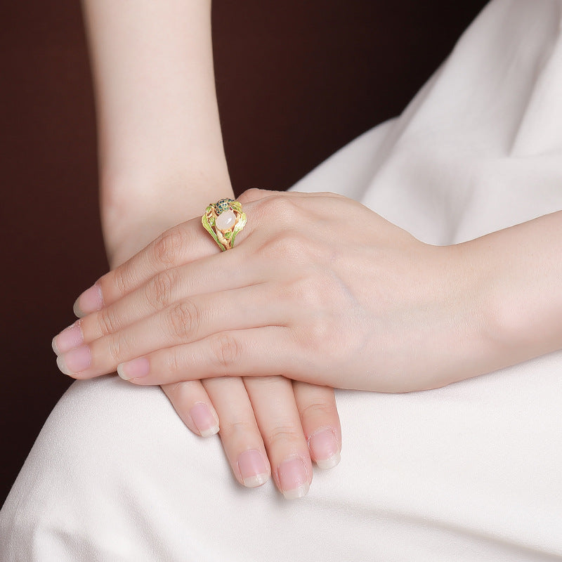 S925 sterling silver gold-plated Hetian jade Qinghai white jade peony ring  National trend enamel flower silver ring