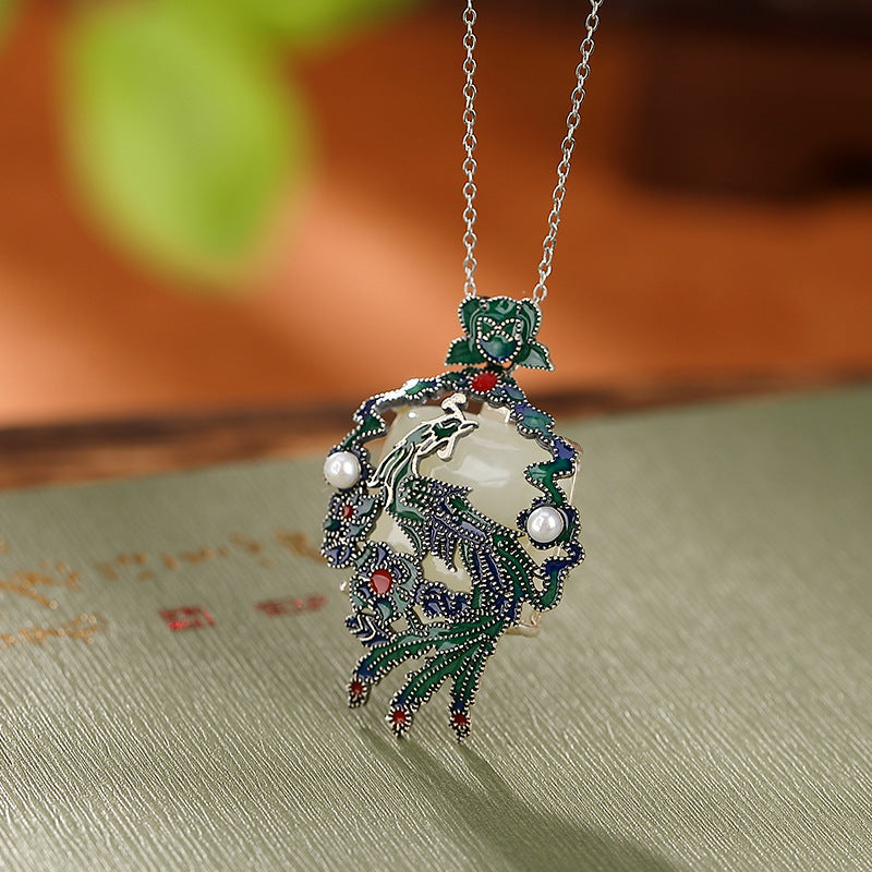 S925 sterling silver Hetian jade cloisonne phoenix pendant vintage elegant pearl necklace