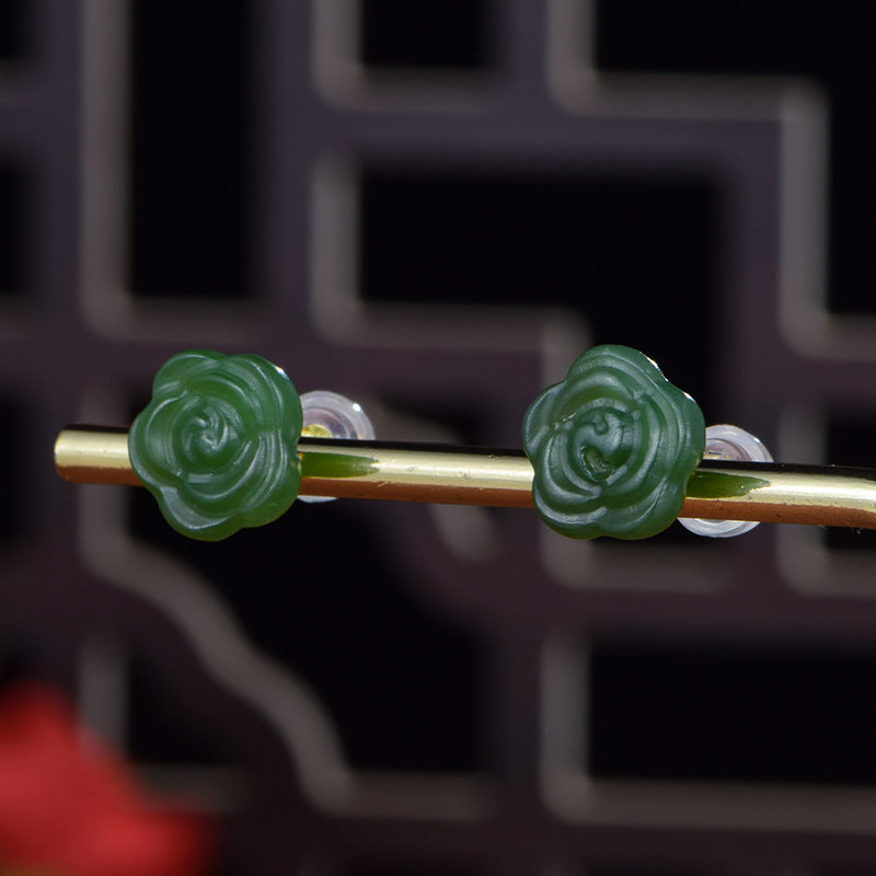 925 silver natural Hetian jade rose earrings