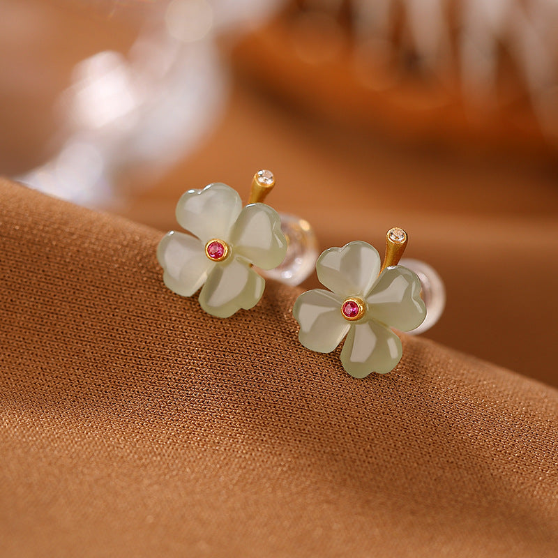 S925 sterling silver gold-plated Hetian jade lucky four-leaf clover earrings  Classic temperament earrings