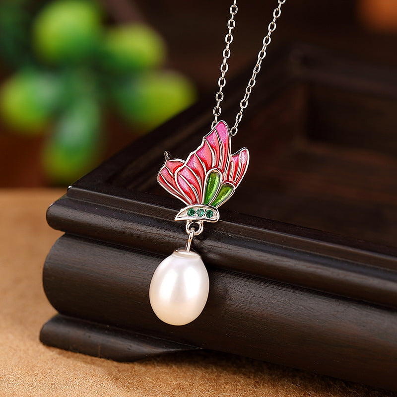 S925 sterling silver pearl butterfly design temperament set  Chinese elegant retro rings, earrings, necklaces