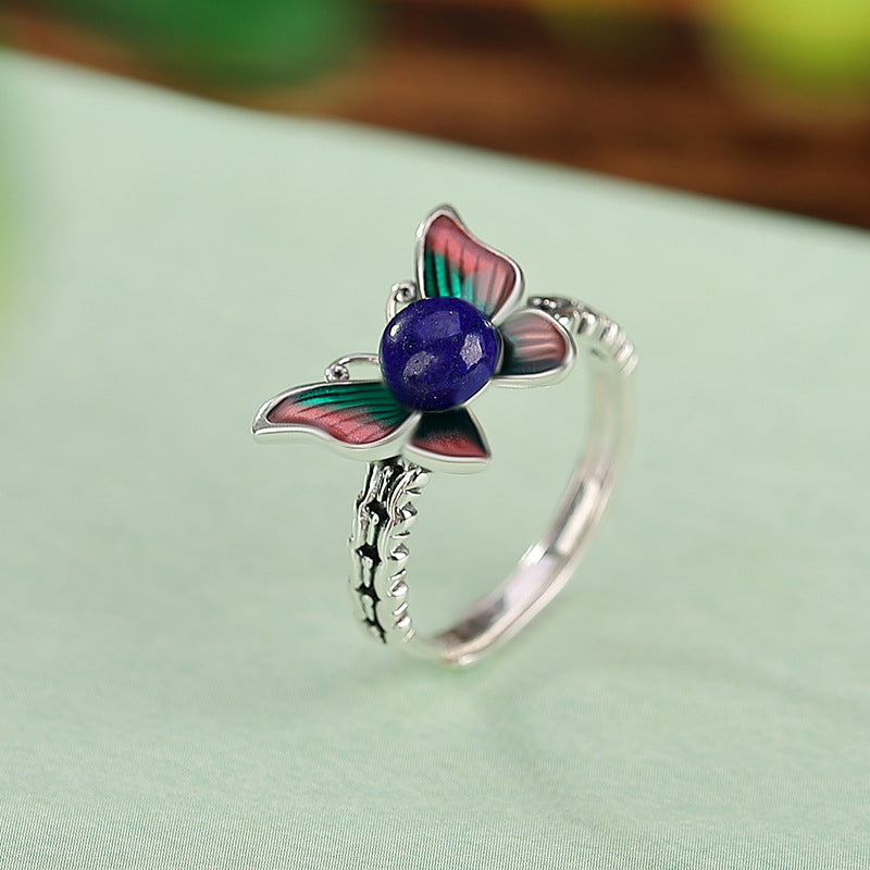 S925 sterling silver Nanhong lapis lazuli national trend cloisonne gradient butterfly ring