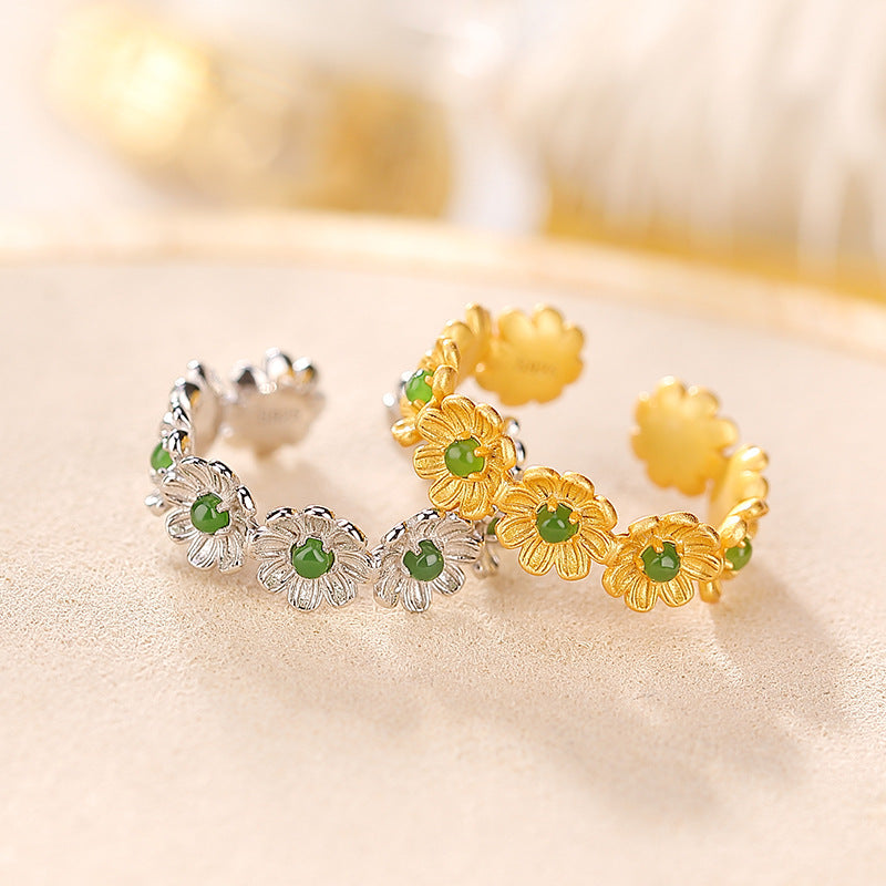 S925 sterling silver gold-plated Hetian jade jasper forest daisy ring | Fresh and cute all-match flower ring