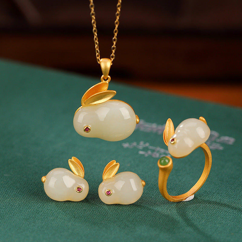 S925 Sterling Silver Gold-Plated Hetian Jade Rabbit Jewelry Set - Cute Earrings, Pendant, and Ring