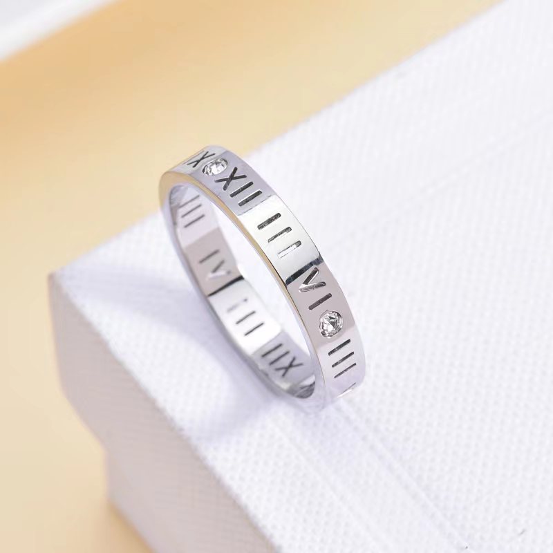 Titanium Steel Roman Numeral Ring with Diamonds - Non-Fading, Personalized Couple Ring for Men and Women