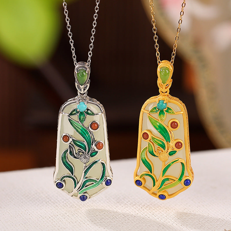 S925 sterling silver gold-plated Hetian jade national tide cloisonné pendant Ancient style enamel leaf pendant