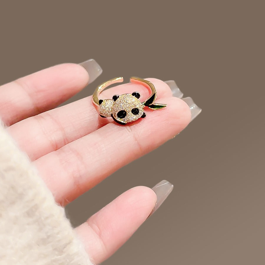 Chinese style cute panda bamboo leaf ring girls ancient Chinese style sweet adjustable ring