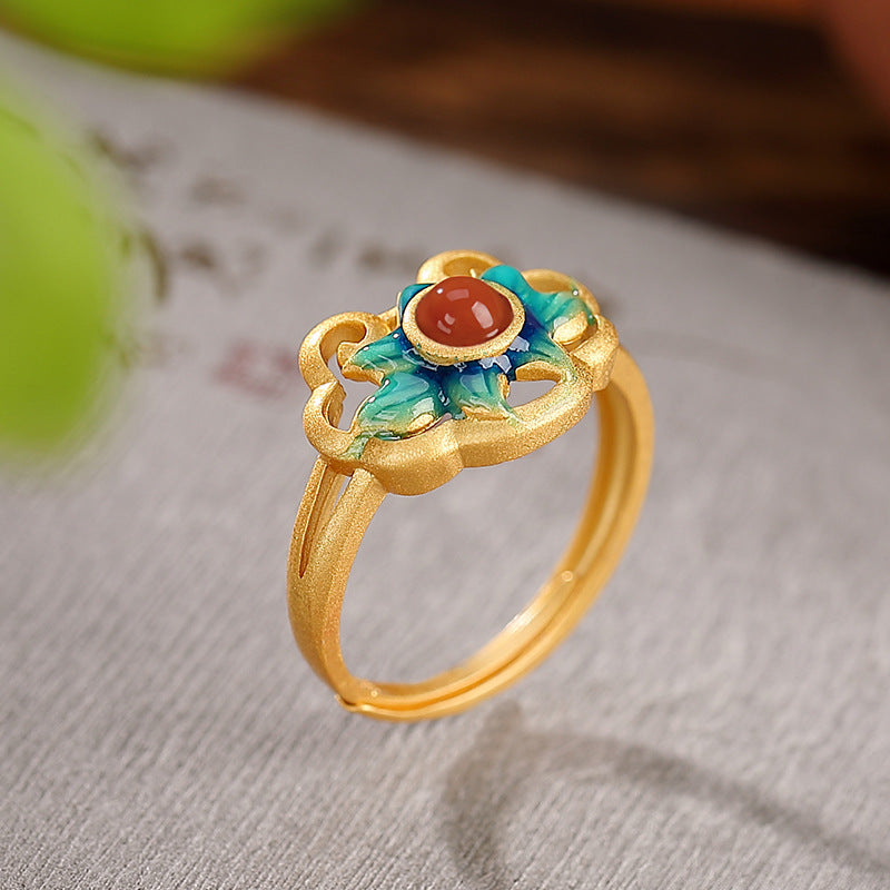 S925 sterling silver gold-plated vintage Nanhong Ruyi hollow enamel lotus ring  Chinese style temperament ring