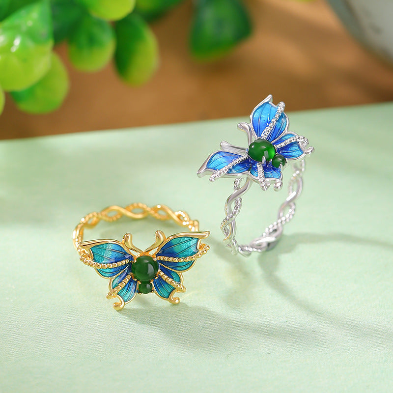 S925 sterling silver jade enamel butterfly twist ring  light luxury niche fashion high-end open ring